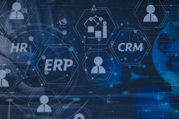 Connected HR, ERP and CRM icons on a digital network, representing integrated smart solutions