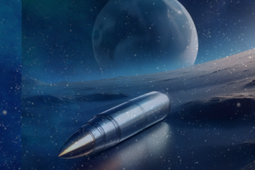 A rocket resting on the lunar surface beneath the moon, illustrating one small step toward lean manufacturing