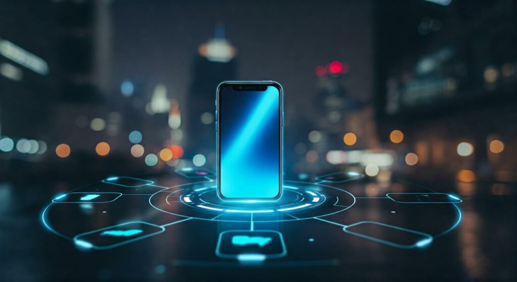 Smartphone surrounded by glowing digital connection icons on a city street at night